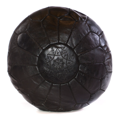 Black Moroccan Leather Ottoman Pouffe