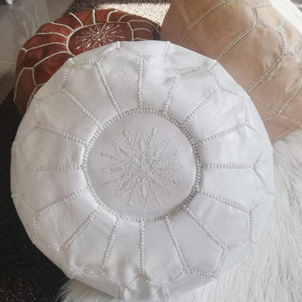 White Moroccan Leather Ottoman Pouffe, handmade and embroidered, unstuffed.