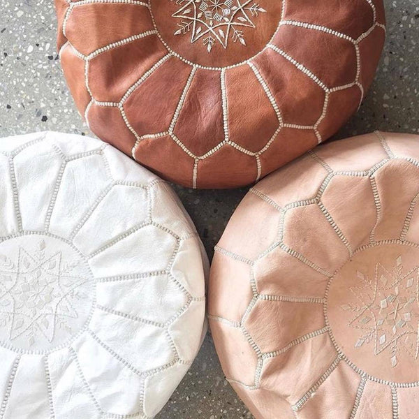 Dusty Pink Moroccan Leather Ottoman Pouffe, handmade artisan decor, round footrest.