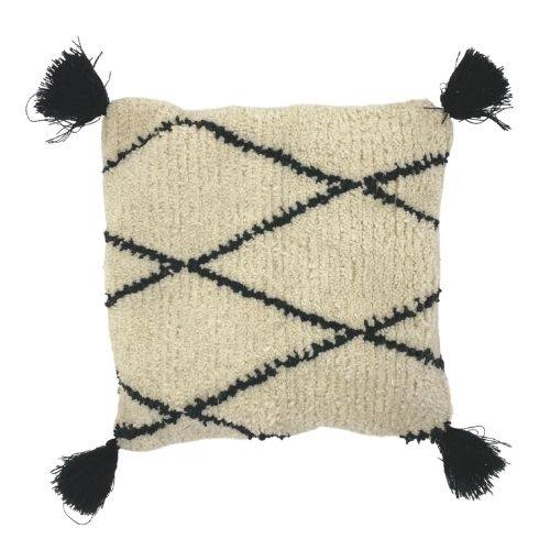 Beni Ouarin Moroccan Pillow in off-white cream color with black geometric patterns and tassels.