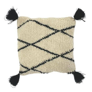 Beni Ouarin Moroccan Pillow in off-white cream color with black geometric patterns and tassels.