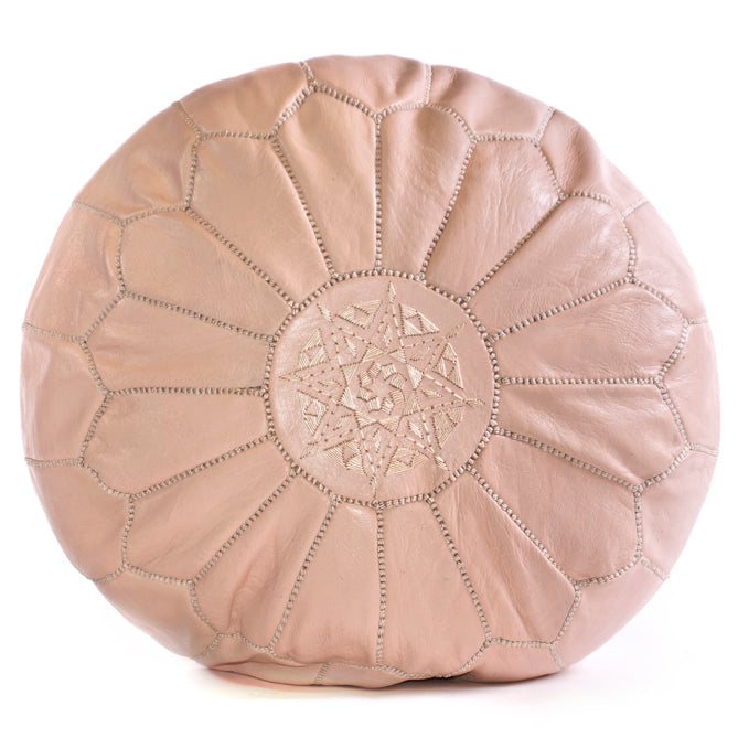 Dusty Pink Moroccan Leather Ottoman Pouffe, handmade in Morocco, 100% organic goats leather, embroidery detail.