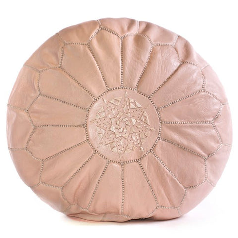 Dusty Pink Moroccan Leather Ottoman Pouffe, handmade in Morocco, 100% organic goats leather, embroidery detail.