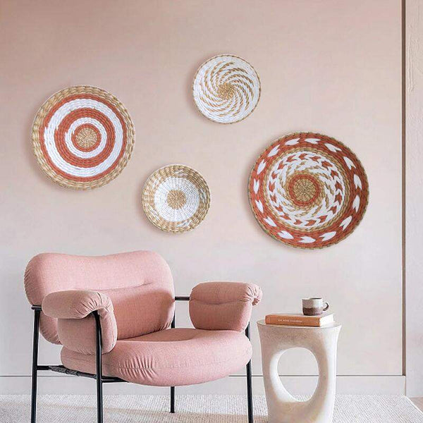 Moroccan Rattan Wall Decorations in a modern living room setting, crafted with woven rattan for texture and warmth.