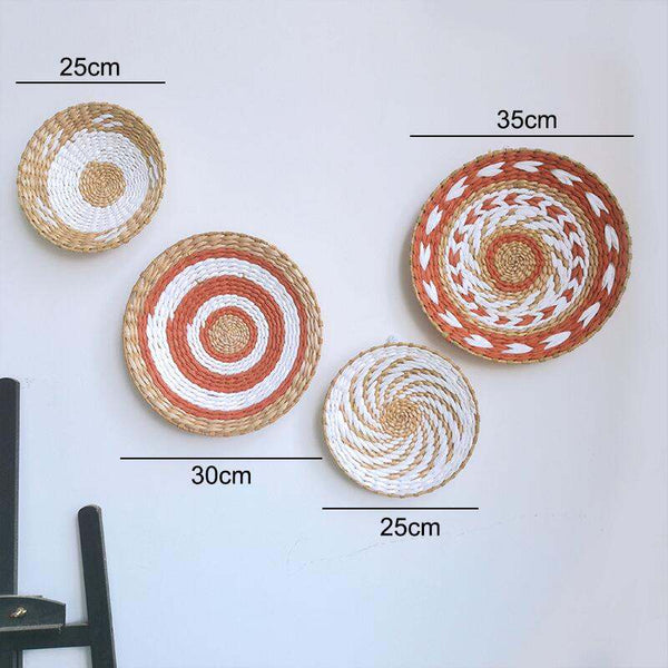Moroccan Rattan Wall Decoration set in various sizes (25cm, 30cm, 35cm), crafted from woven rattan grass, displayed on a wall.