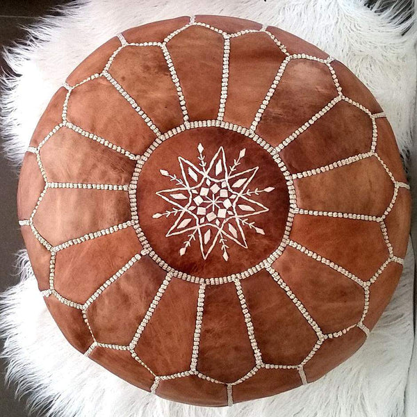 Tan Brown Moroccan Leather Ottoman Pouffe with hand-embroidered silk detail, handmade in Marrakech.