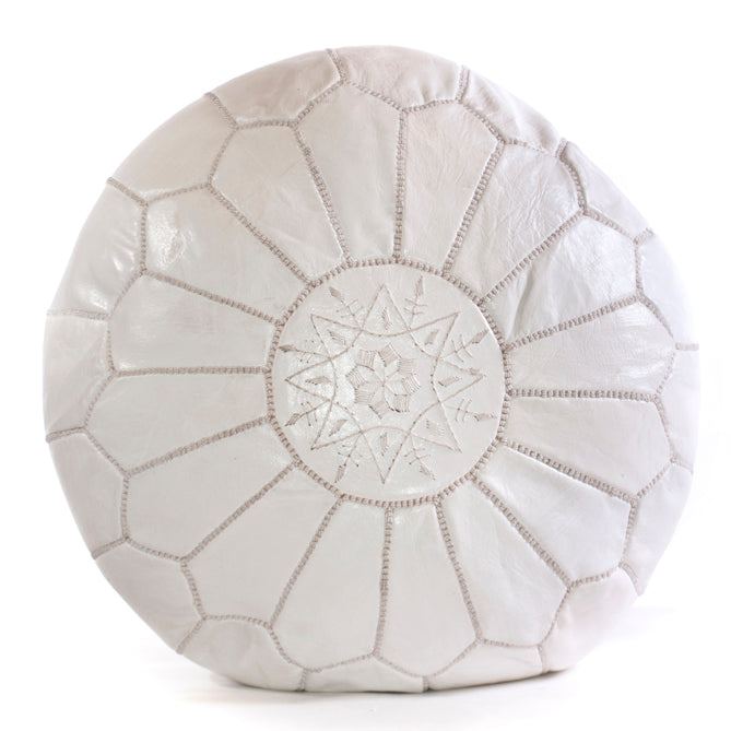 White Moroccan leather ottoman pouffe with handcrafted embroidery details.
