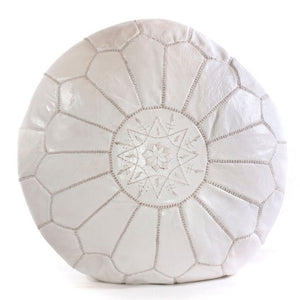 White Moroccan leather ottoman pouffe with handcrafted embroidery details.