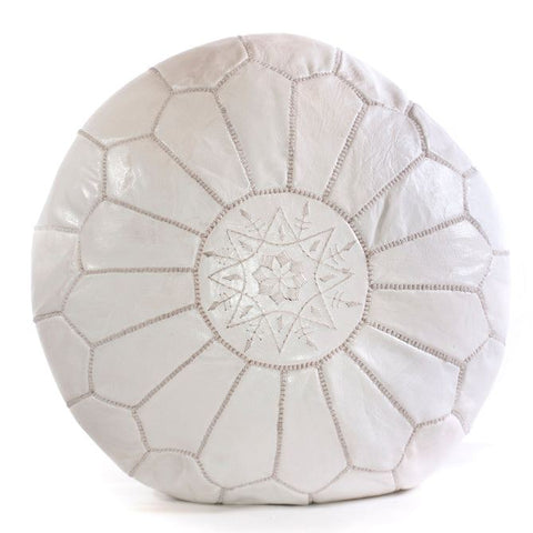 White Moroccan leather ottoman pouffe with handcrafted embroidery details.