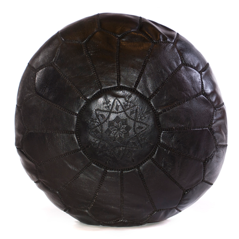Black Moroccan Leather Ottoman Pouffe, handmade with organic goats leather, 20"W x 12"H, versatile home decor accessory.